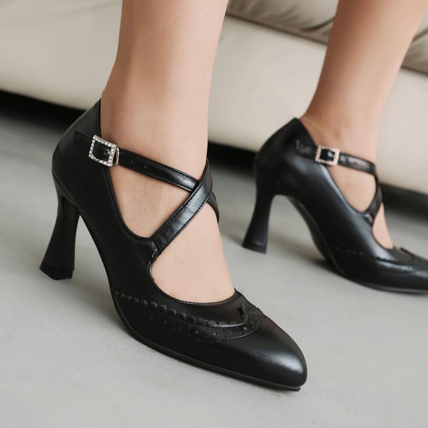 Women's Genuine Leather Block Heel T-Strap Orthopedic Heels