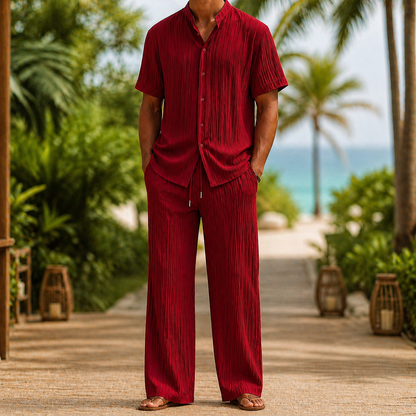 Men's Linen Short-Sleeve Shirt and Drawstring Pants Set