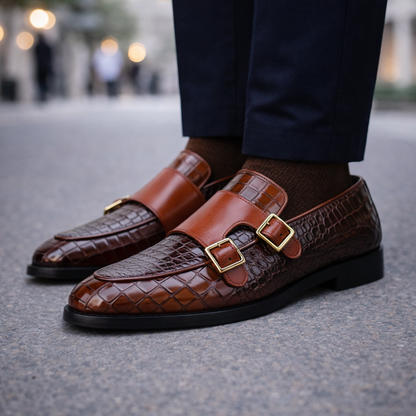 Marcello Croc-Embossed Italian Leather Double Monk Strap Orthopedic Shoes
