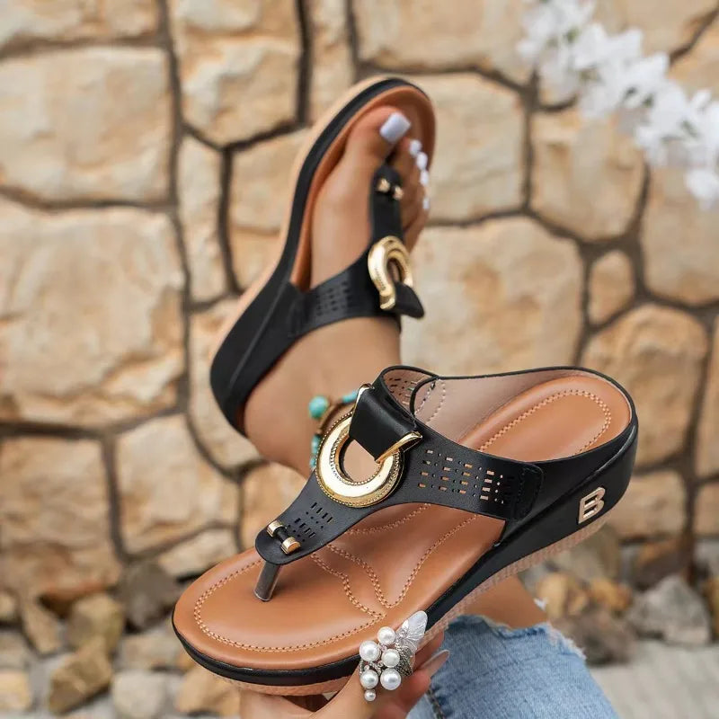 Women's Genuine Leather Buckle Slip-On Sandals