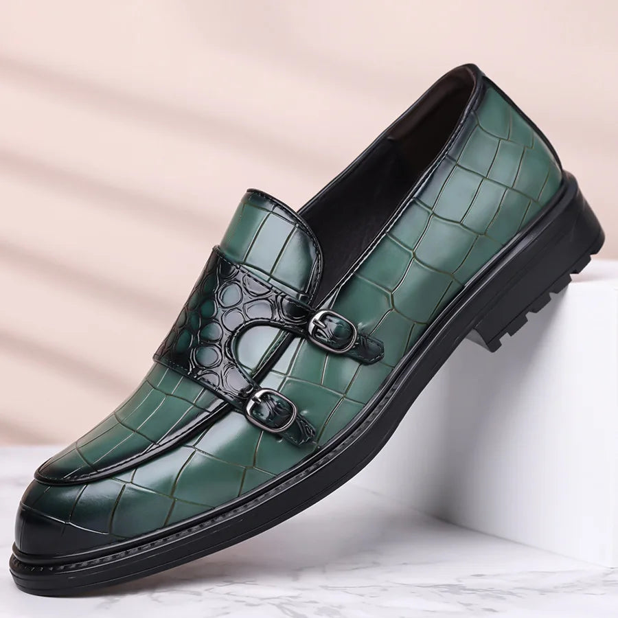 Calvaro Croc-Embossed Leather Double Monk Strap Orthopedic Shoes