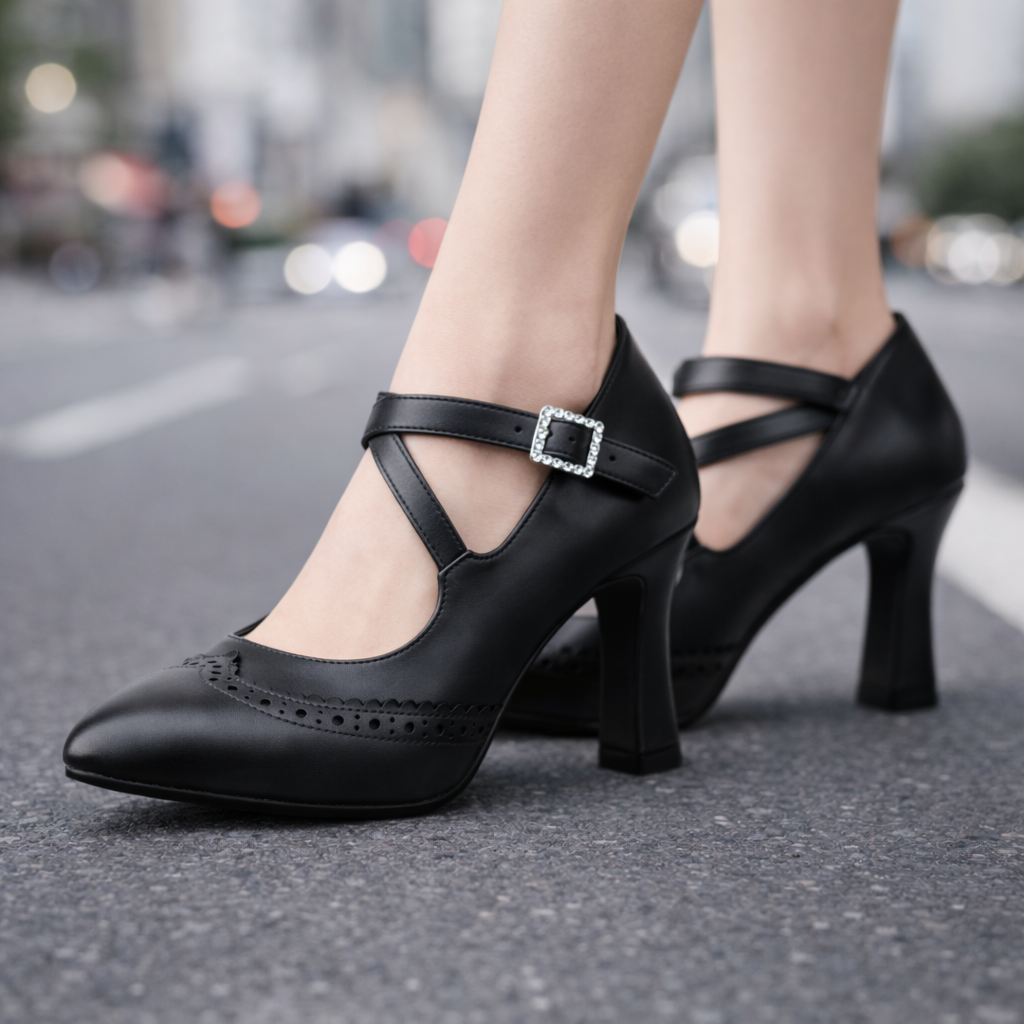 Women's Genuine Leather Block Heel T-Strap Orthopedic Heels
