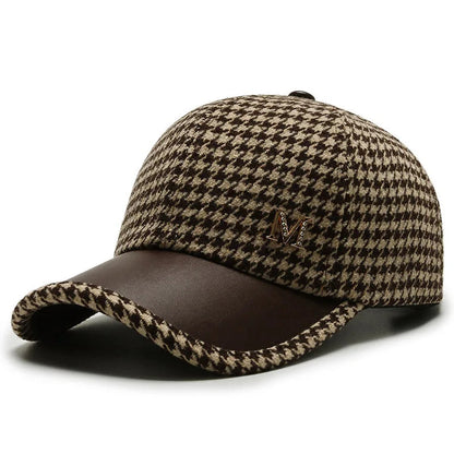 Men's Houndstooth Leather Brim Adjustable Cap
