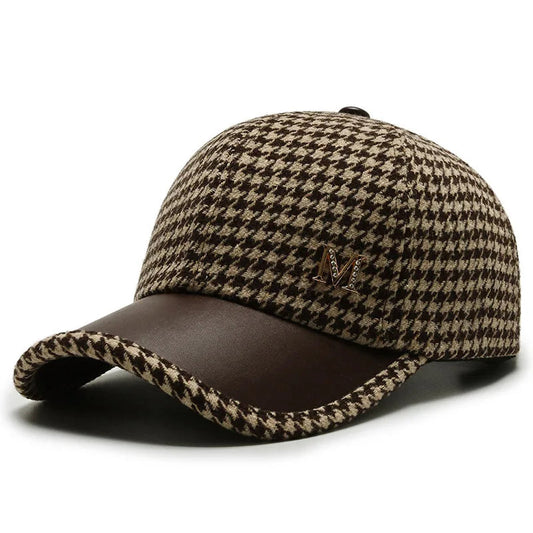 Men's Houndstooth Leather Brim Adjustable Cap
