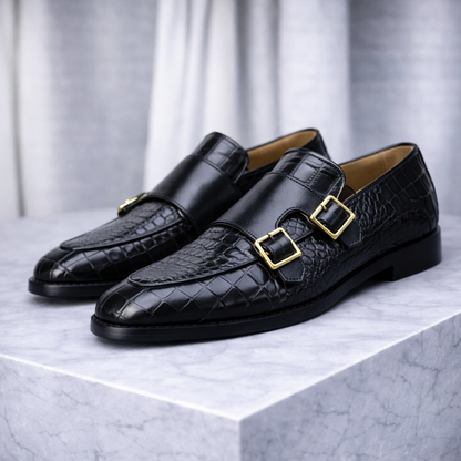 Marcello Croc-Embossed Italian Leather Double Monk Strap Orthopedic Shoes
