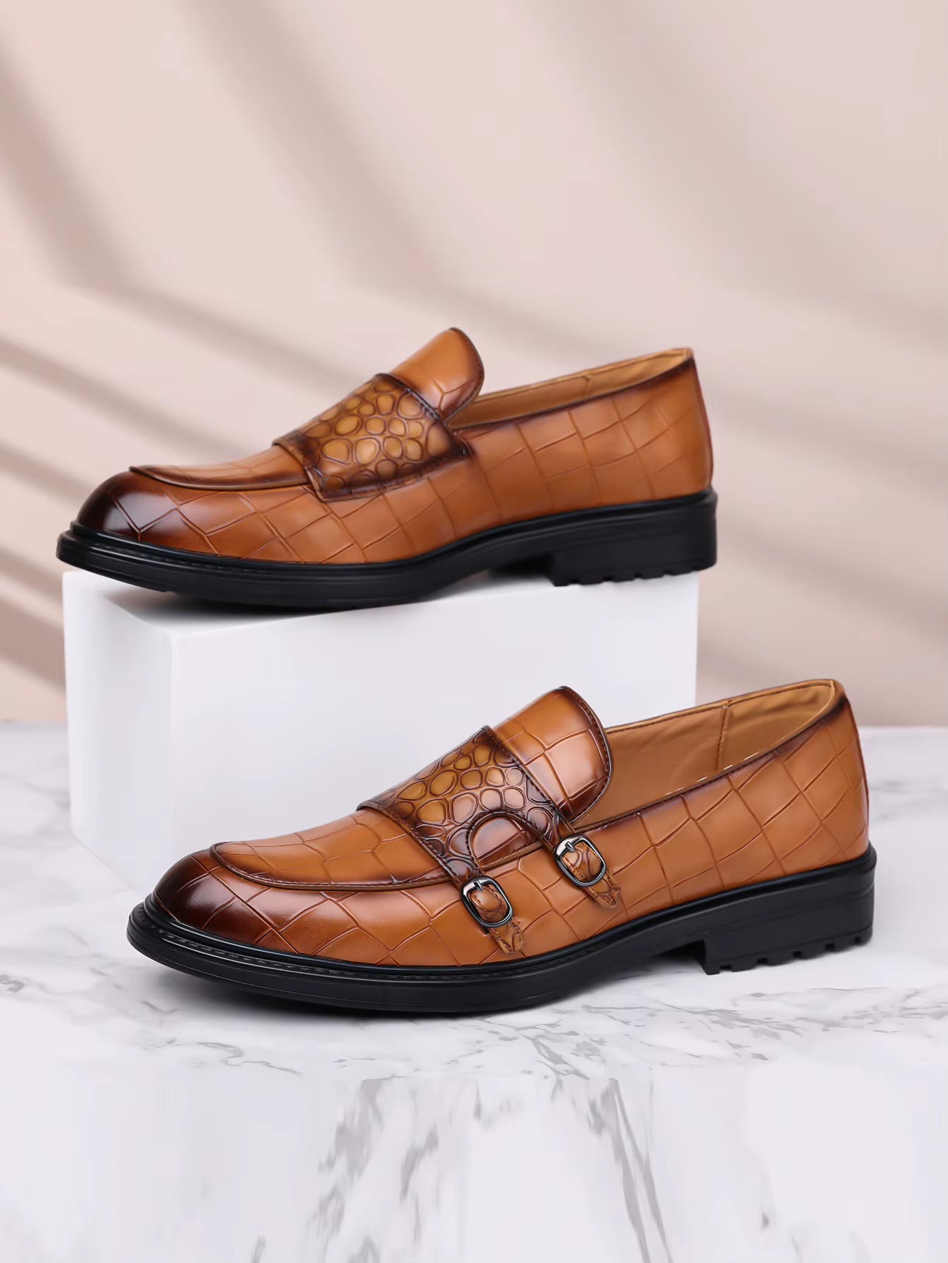 Calvaro Croc-Embossed Leather Double Monk Strap Orthopedic Shoes