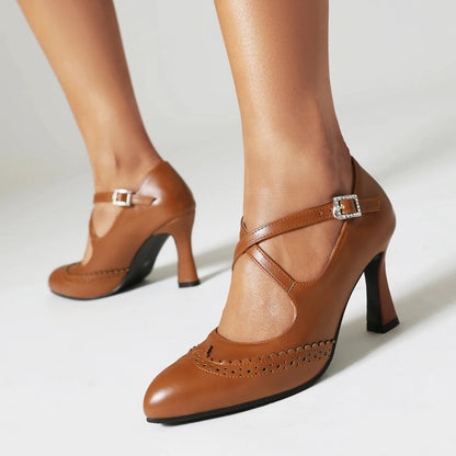 Women's Genuine Leather Block Heel T-Strap Orthopedic Heels
