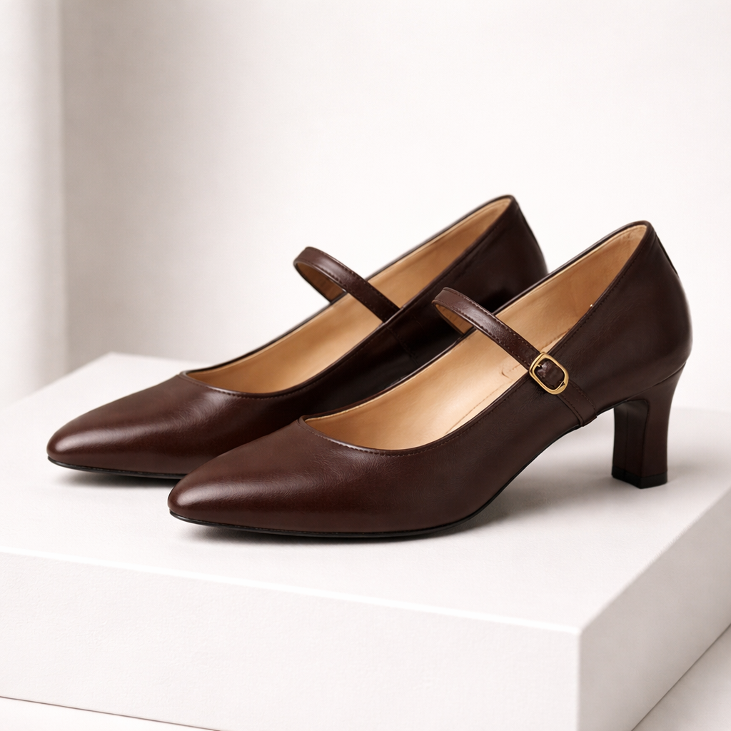 Women's Italian Leather Block Heel Pumps with Buckle