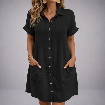 Women's Linen Blend Button-Up Dress with Pockets