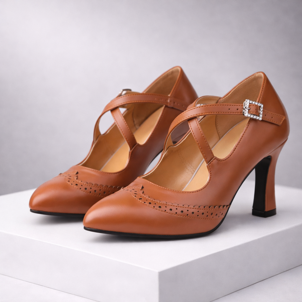 Women's Genuine Leather Block Heel T-Strap Orthopedic Heels