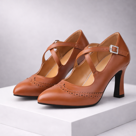 Women's Genuine Leather Block Heel T-Strap Orthopedic Heels