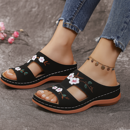 Women's Embroidered Vegan Leather Slip-On Sandals