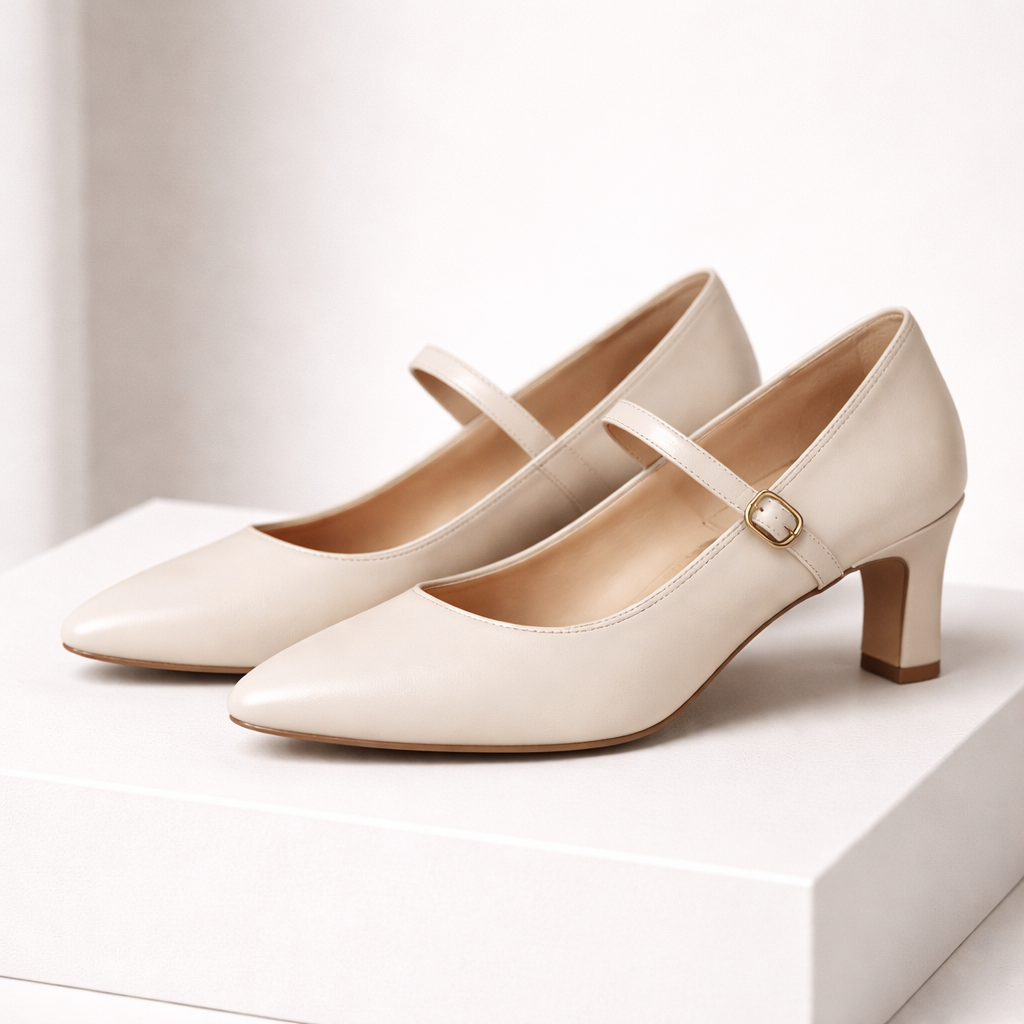 Women's Italian Leather Block Heel Pumps with Buckle