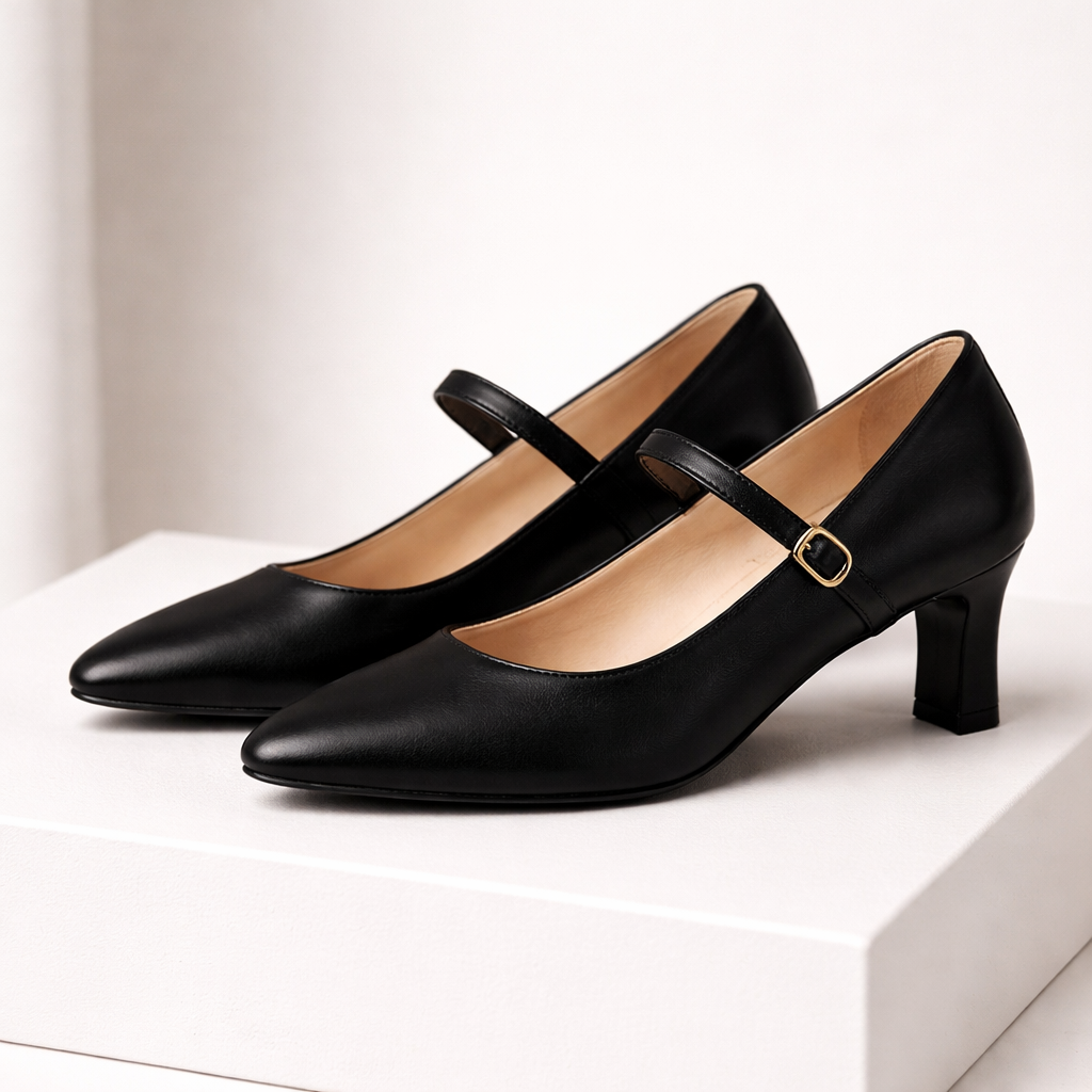 Women's Italian Leather Block Heel Pumps with Buckle