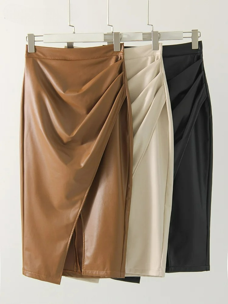 Women's Vegan Leather Wrap Midi Skirt