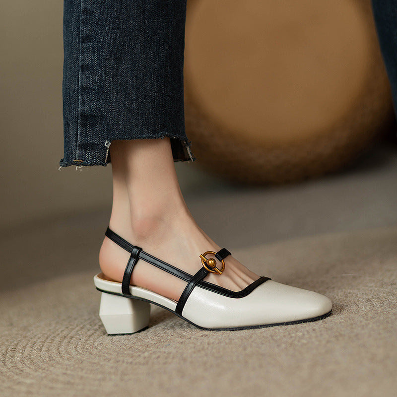 Women's Italian Leather Block Heels with Buckle