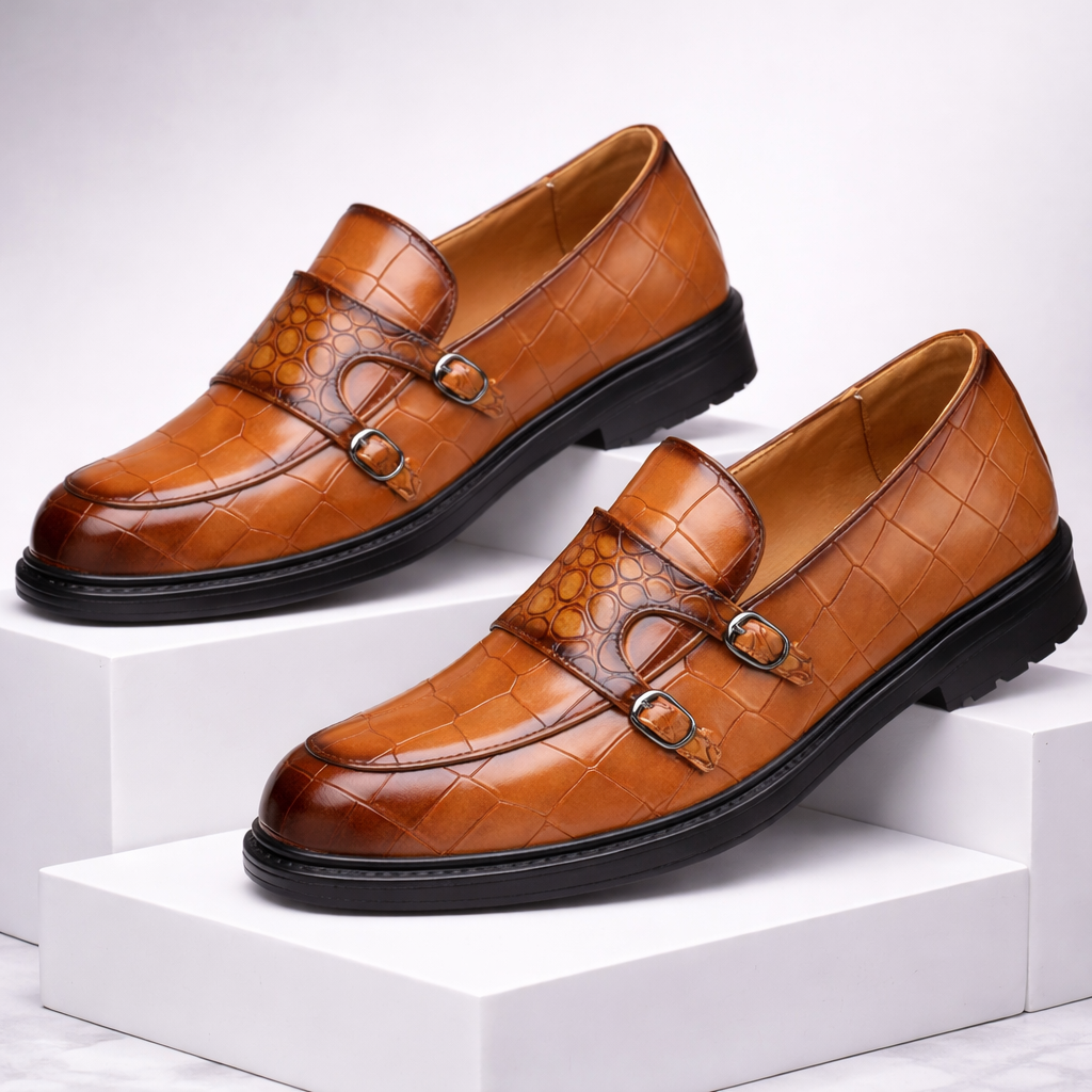 Calvaro Croc-Embossed Leather Double Monk Strap Orthopedic Shoes
