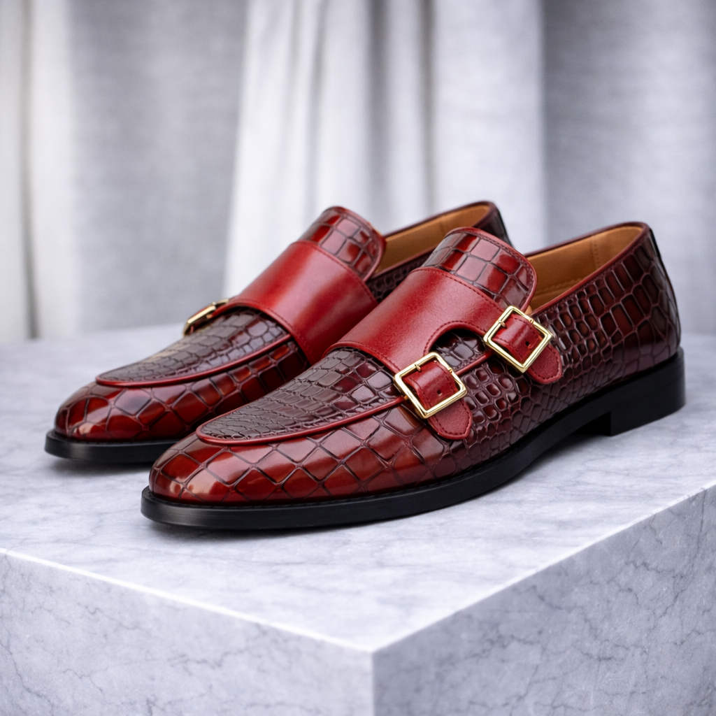 Marcello Croc-Embossed Italian Leather Double Monk Strap Orthopedic Shoes