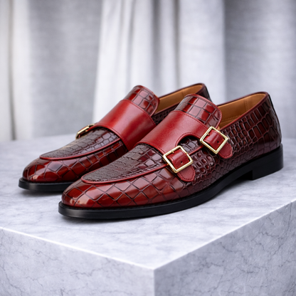 Marcello Croc-Embossed Italian Leather Double Monk Strap Orthopedic Shoes