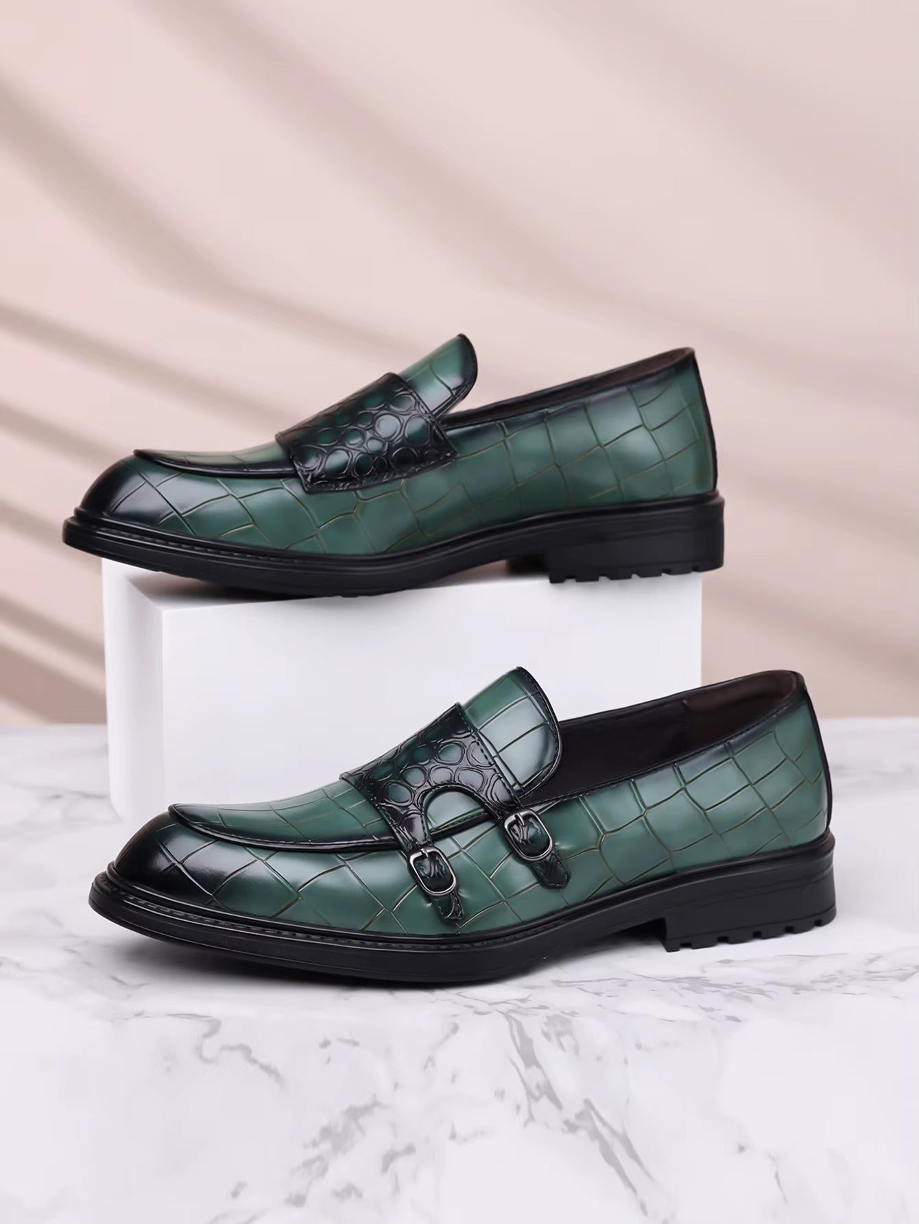 Calvaro Croc-Embossed Leather Double Monk Strap Orthopedic Shoes