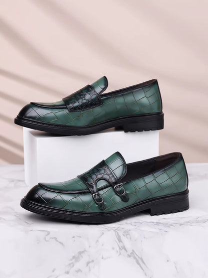 Calvaro Croc-Embossed Leather Double Monk Strap Orthopedic Shoes