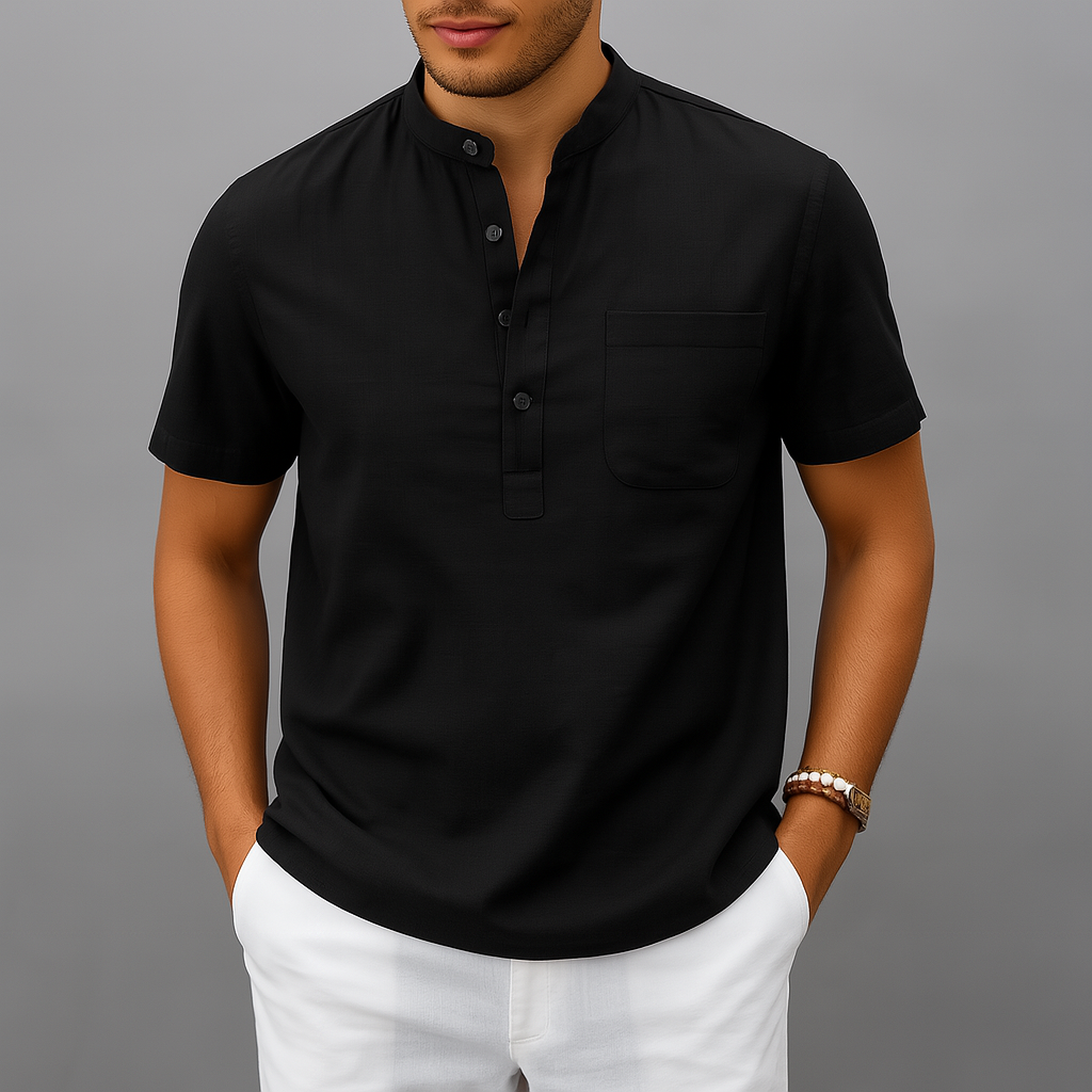 Men's Linen Band Collar Henley Shirt