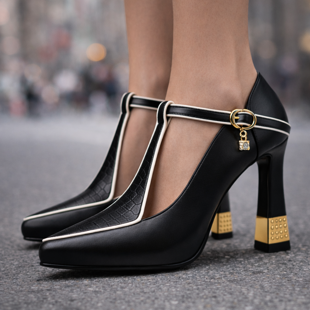 Women's Genuine Leather Block Heels with Buckle