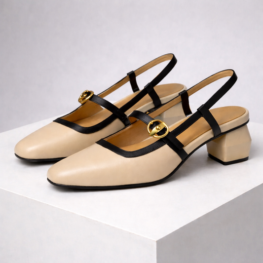 Women's Italian Leather Block Heels with Buckle