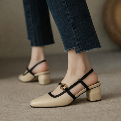 Women's Italian Leather Block Heels with Buckle