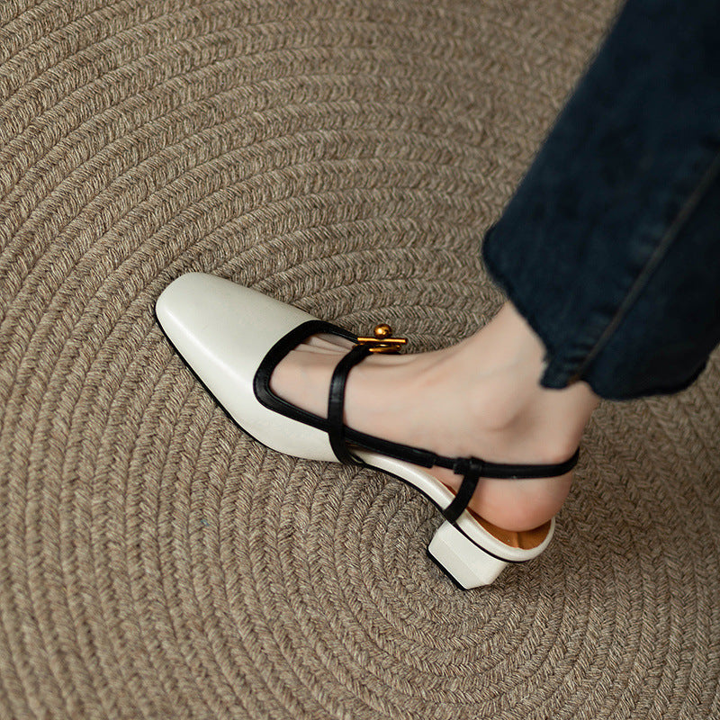 Women's Italian Leather Block Heels with Buckle