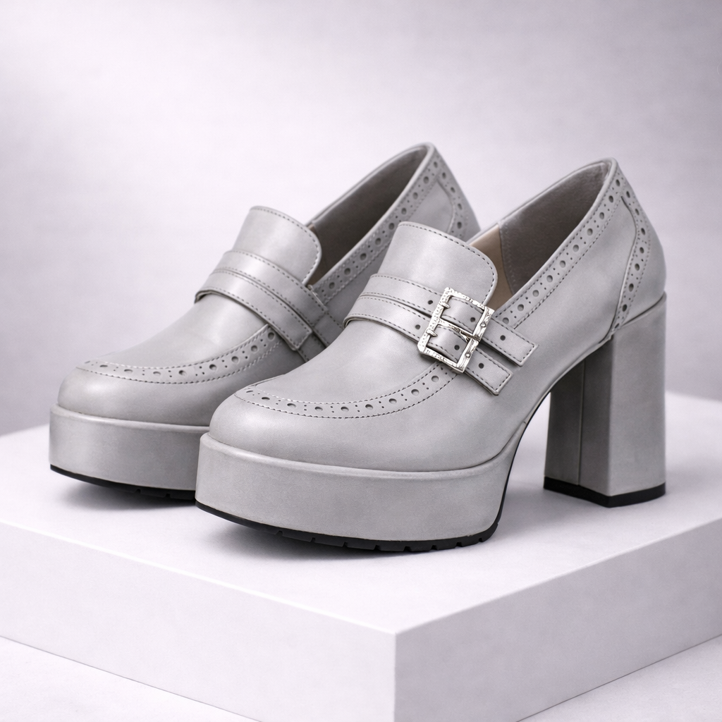 Women's Genuine Leather Block Heels with Buckle Strap