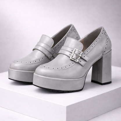 Women's Genuine Leather Block Heels with Buckle Strap