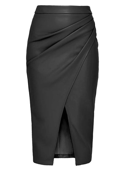 Women's Vegan Leather Wrap Midi Skirt