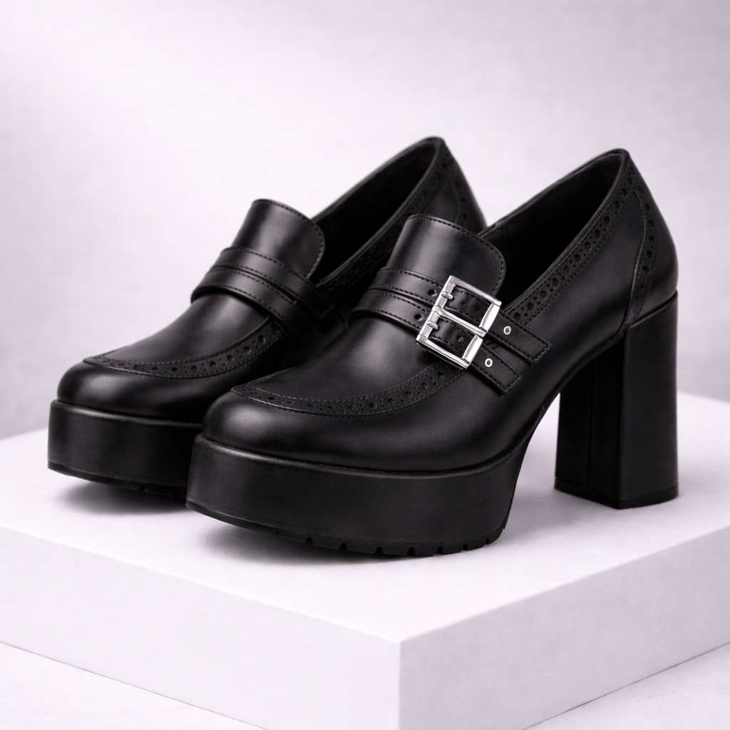 Women's Genuine Leather Block Heels with Buckle Strap