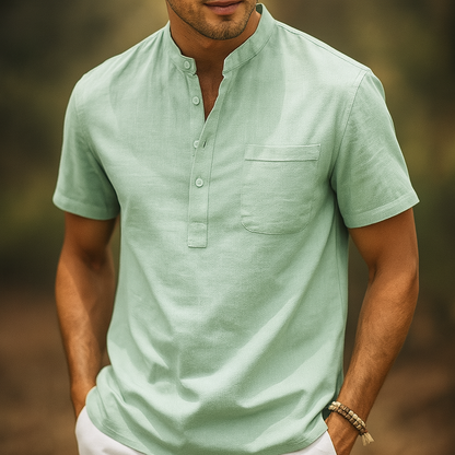 Men's Linen Band Collar Henley Shirt