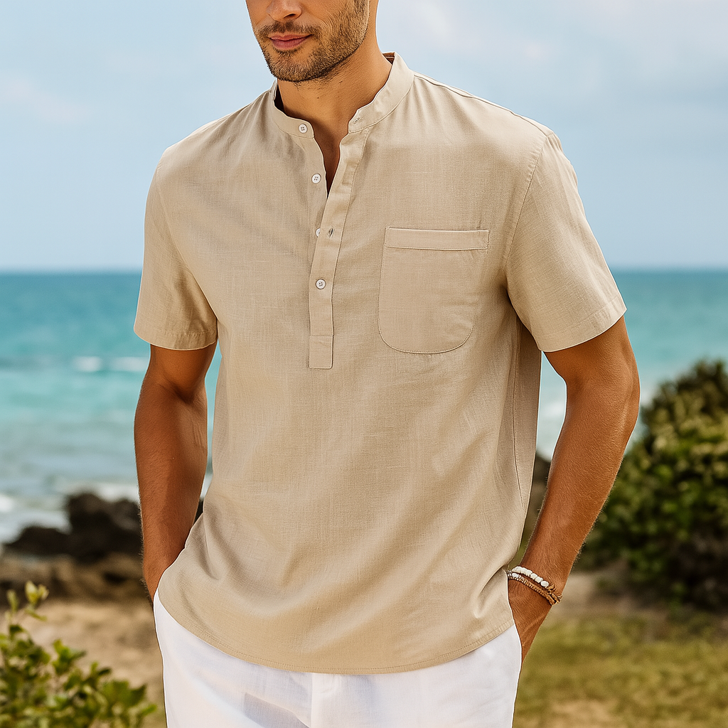 Men's Linen Band Collar Henley Shirt