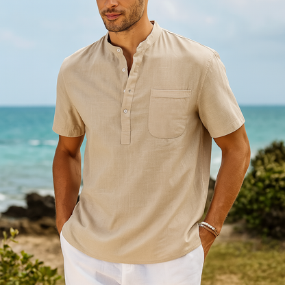 Men's Linen Band Collar Henley Shirt