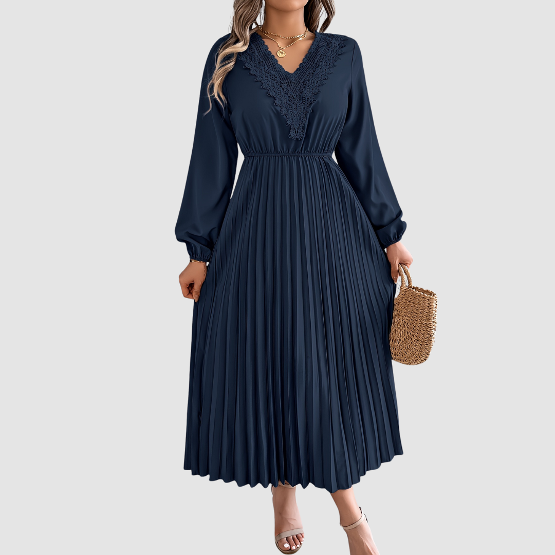 Lace V-Neck A-Line Midi Dress – Women's Fall Dress - Marina Blue / UK 12-14 (L) - Fashion