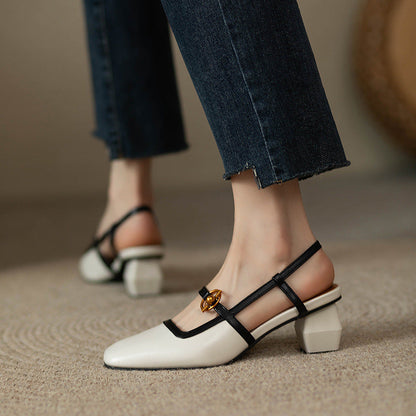 Women's Italian Leather Block Heels with Buckle
