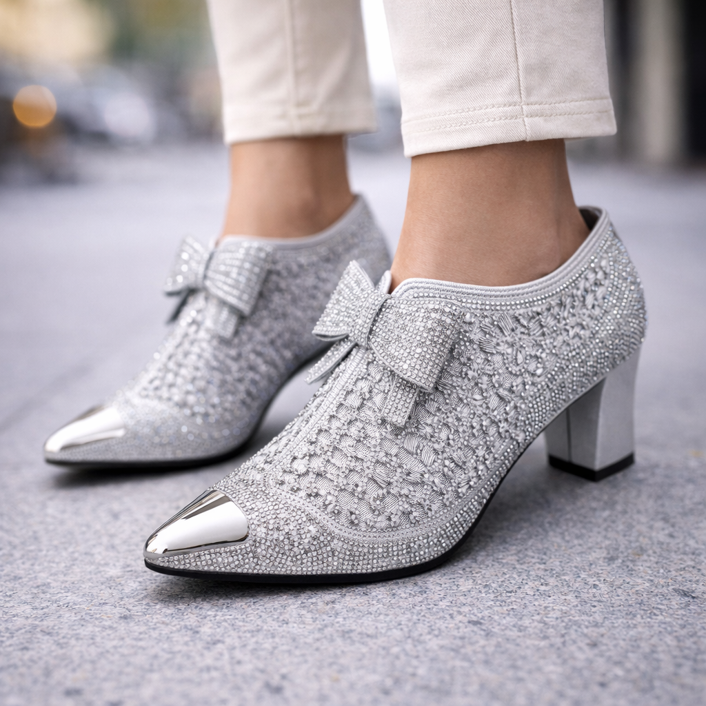 Women's Rhinestone Pointed-Toe Block Heels with Bow