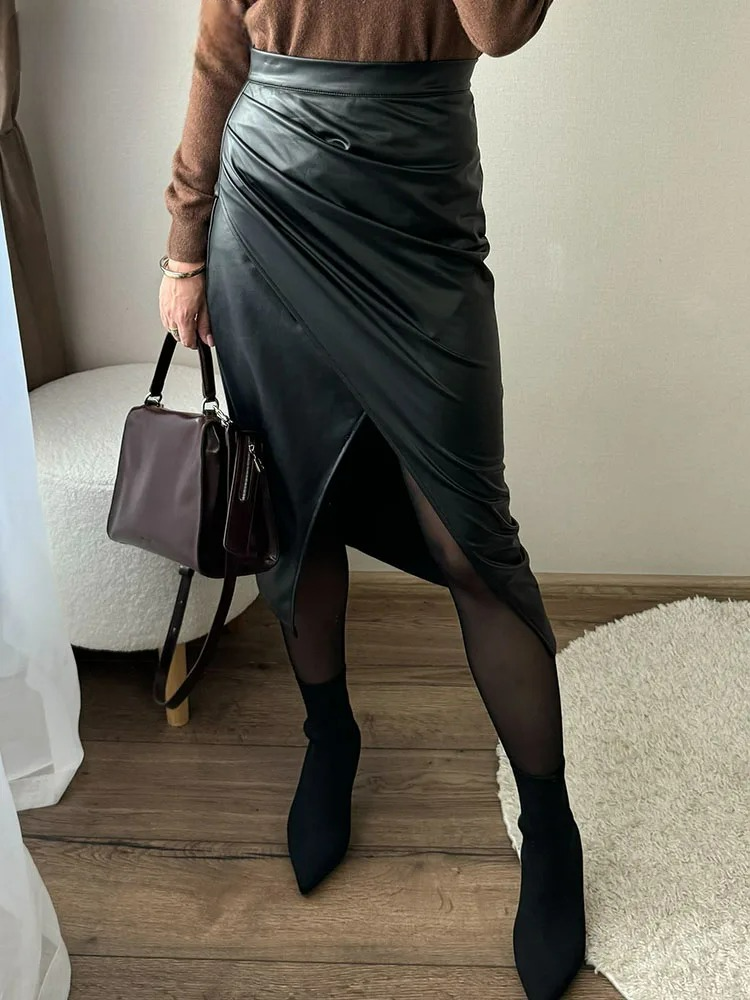 Women's Vegan Leather Wrap Midi Skirt