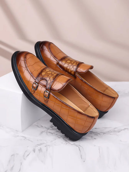 Calvaro Croc-Embossed Leather Double Monk Strap Orthopedic Shoes