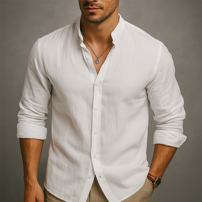 Men's Linen Band Collar Shirt